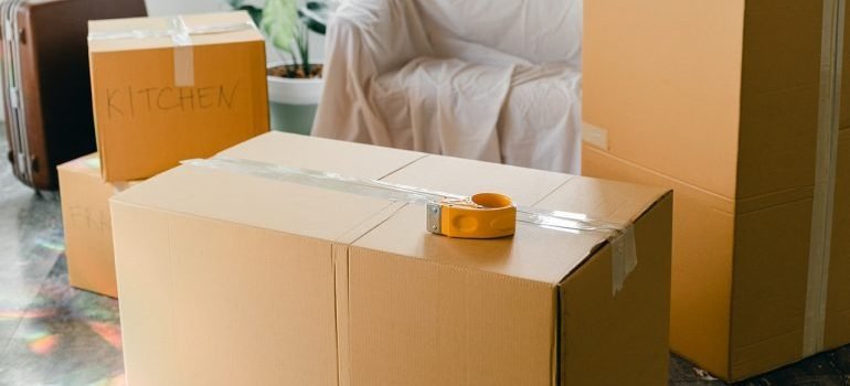 Packed boxes in a room