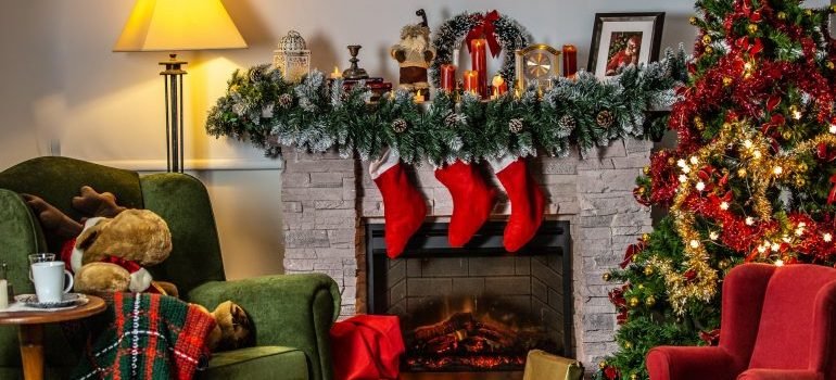 a fireplace with stockings over it