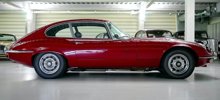 A red car in a garage