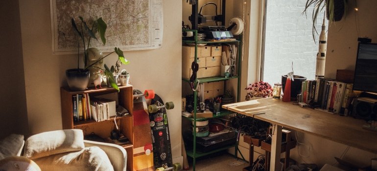 A cluttered room in an apartment
