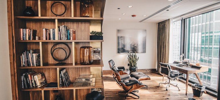 Wooden bookshelf in the room.