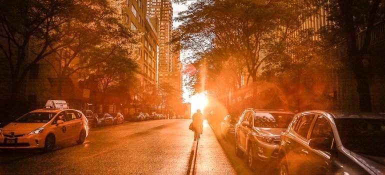 A neighborhood in NYC at sunset