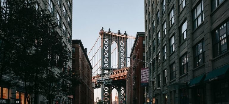 Bridge in NYC seen through the buildings