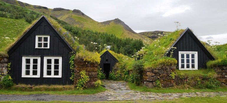 3 little clack houses covered in green grass