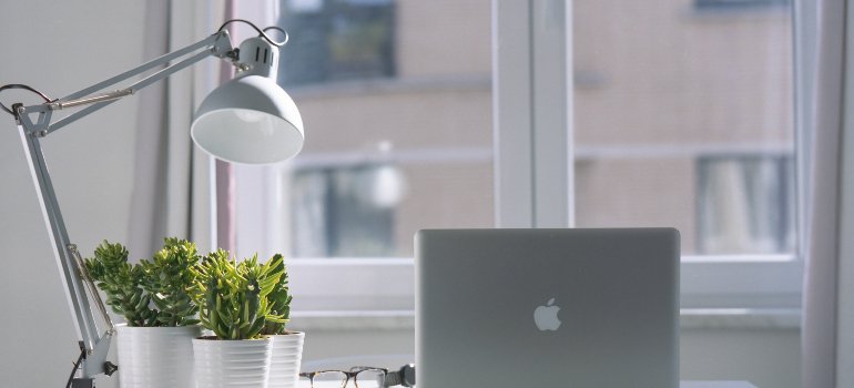 A desk with a laptop, lamp, and three potted plants on it.