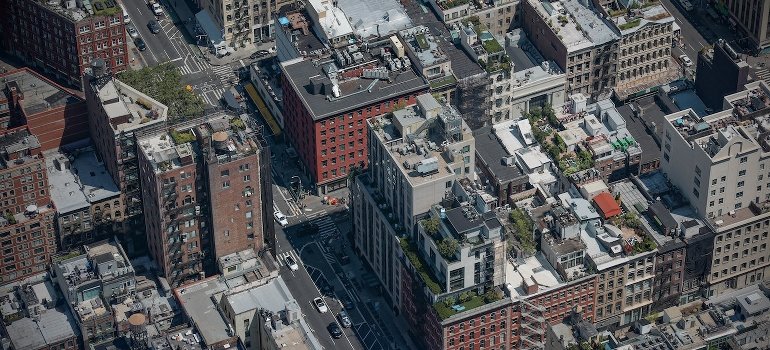 Aerial view of concrete buildings in Tribeca.