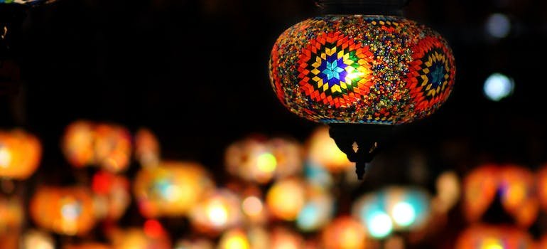 A hanging multi colored lamp