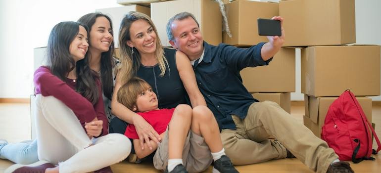 A family taking a selfie.