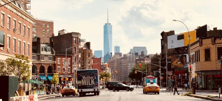 Buildings, cars and people on the streets of Manhattan