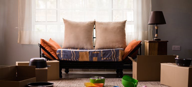 A sofa and clutters in a living area