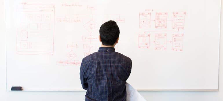 A man looking at a plan on a board similar to the one you should make when planning how to declutter your home for sale.