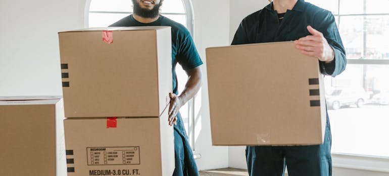 Professional movers carrying cardboard boxes