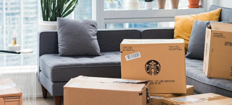 Moving boxes in a living room