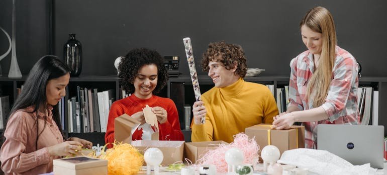 A group of people sorting items that NYC businesses frequently keep in storage