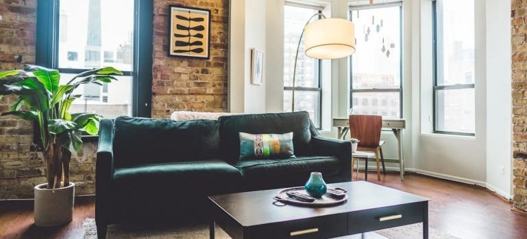 A big black sofa, plant on the left side and big windows inside an apartment in Manhattan