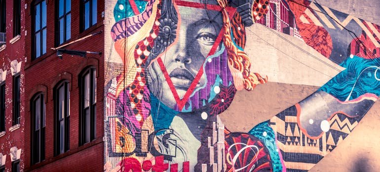 a large multi-colored mural on the wall.