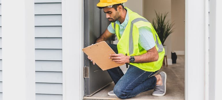 A man with a yellow helmet standing on the door entrance.