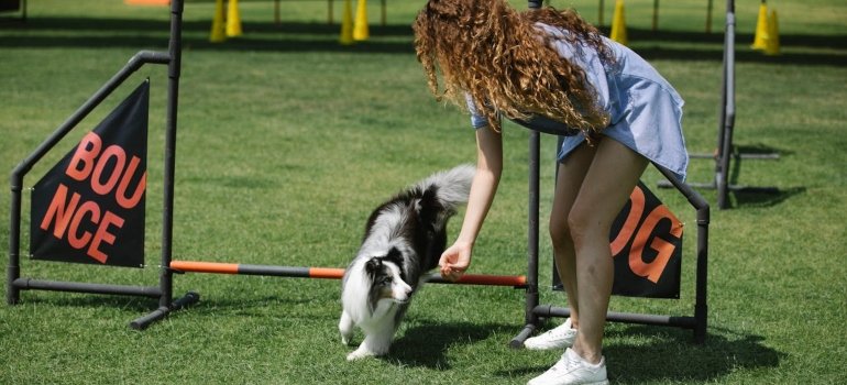 A woman playing with her dog in one of Manhattans top dog-friendly neighborhoods.