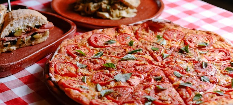 A pizza in a restaurant
