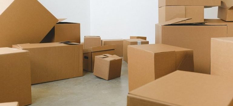 pile of boxes in a room