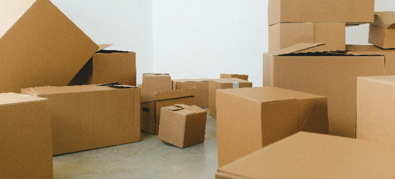 Cardboard boxes scattered around an empty room.