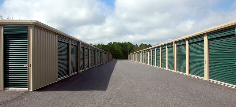 Outdoor storage units in a row, ideal for seasonal decluttering with short-term storage.