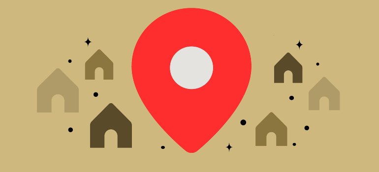 An illustrated red location pin surrounded with house icons, symbolizing the importance of proximity when choosing a storage location.