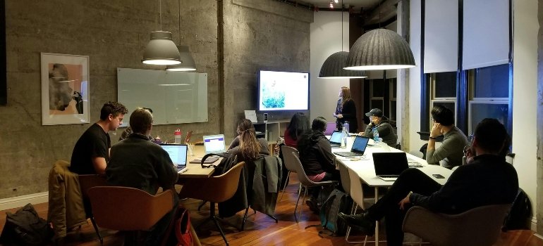 A group of people deciding on space management for Manhattan offices.