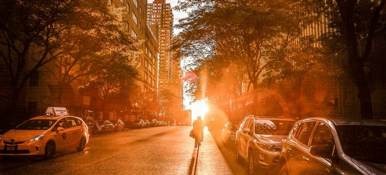 A man riding a bike down the street after starting a new life in the Bronx.