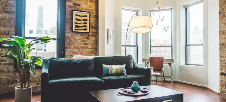 An apartment with big windows.