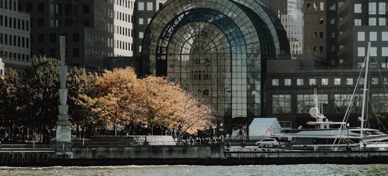View of buildings by a body of water.