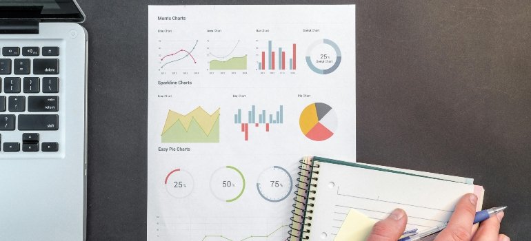 Printed charts on paper next to a laptop, showing various graphs and percentages.