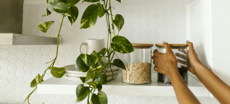 person putting jars on a shelf