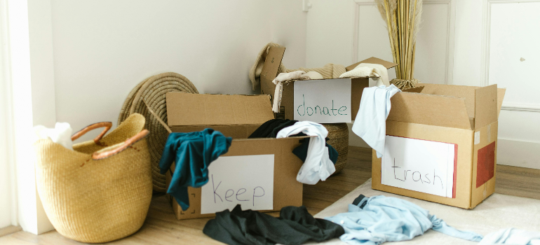 Boxes for keep, donate and trash.