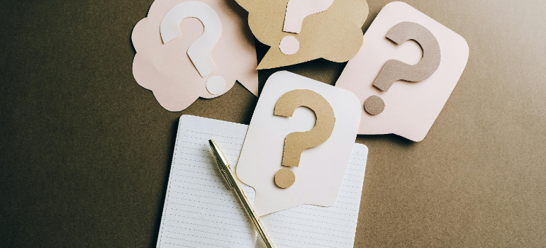 A lot of question marks, a notebook, and a pen.