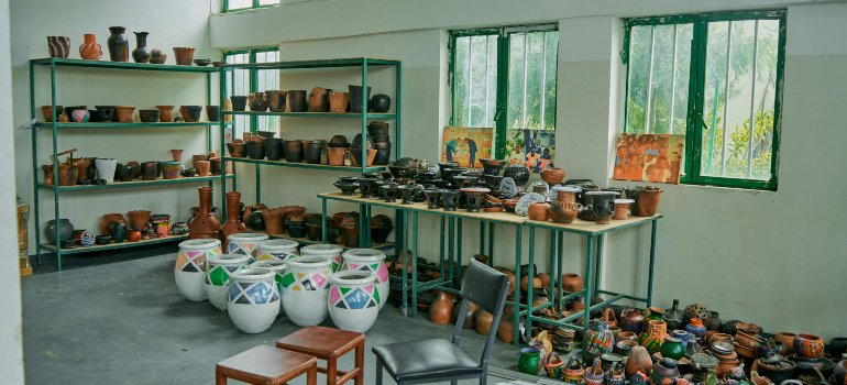 A pottery studio with crafts.