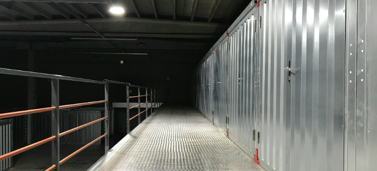 Secure storage options for small businesses in a warehouse.