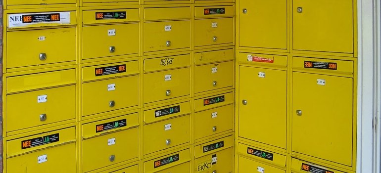 A group of yellow lockers.
