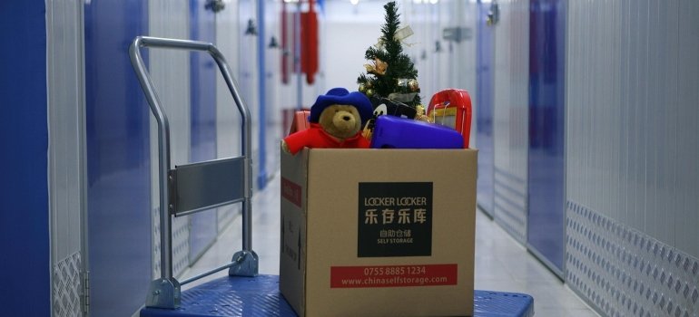 A box with toys and a Christmas tree.
