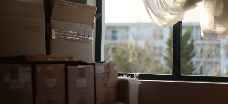 A room with labeled boxes and a window, labeled boxes are useful for NYC teens moving out for college