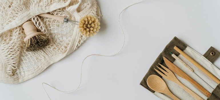 Reusable utensils and cleaning brushes laid out on a white background for storage use.