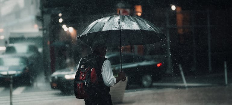 A man on the street holding an umbrella