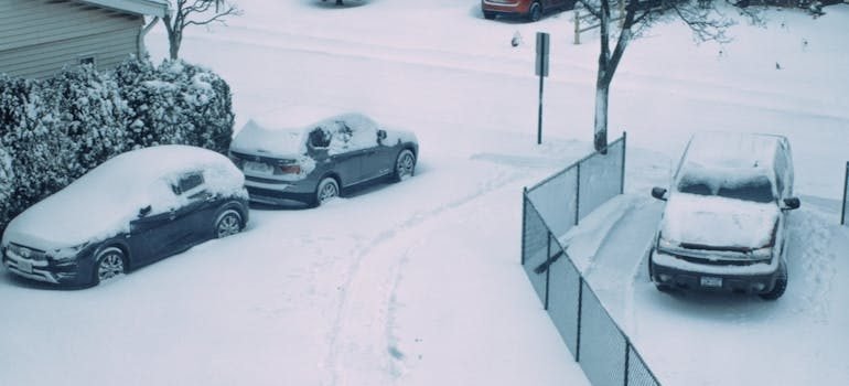 A person cleaning snow and preparing for a Christmas move in NYC