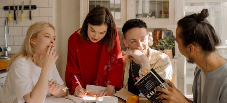 A group of students studying at home
